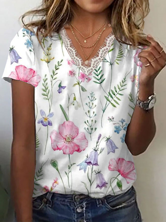 Damen Geblümt Kurzarm T-Shirts T-Shirt V-Ausschnitt Print Lässig Sommer T-Shirt mit Grafik Oberteile