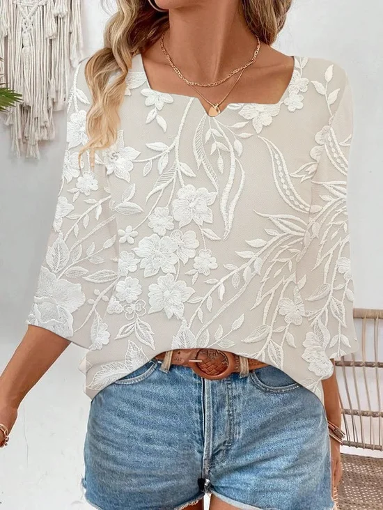 Damen Geblümt Dreiviertelärmel Bluse Frühling/Herbst Print Gekerbt Täglich Lässig Oberteile