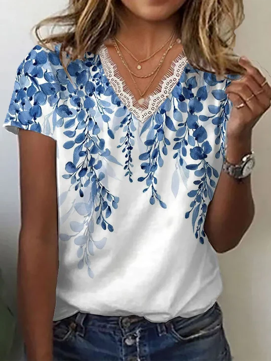 Damen Geblümt Kurzarm T-Shirts T-Shirt V-Ausschnitt Print Lässig Sommer T-Shirt mit Grafik Oberteile