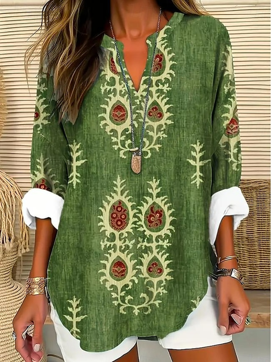 Damen Ethnisch Geometrie Halbarm Bluse Sommer Schalkragen Täglich Lässig Oberteile