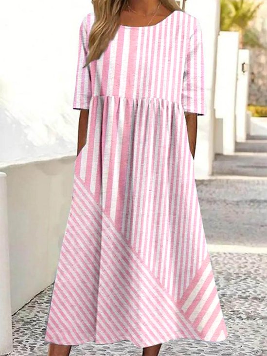 Damen Gestreift Halbarm Sommer Kleid Rundhals Täglich Lässig Maxikleid Blusenkleid A-Linien-Kleid