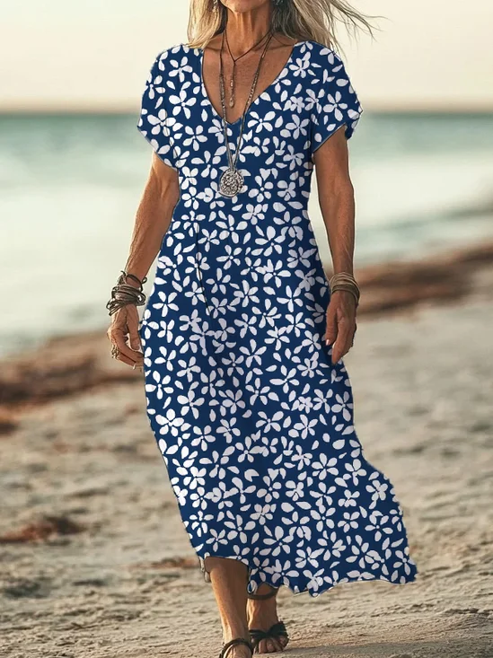 Damen Geblümt Kurzarm Sommer Print Kleid V-Ausschnitt Täglich Lässig Maxikleid X-Linie Kleid
