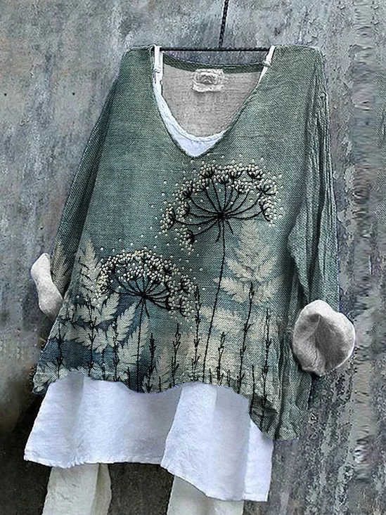Damen Geblümt Langarm Bluse Frühling/Herbst Print V-Ausschnitt Täglich Lässig Oberteile