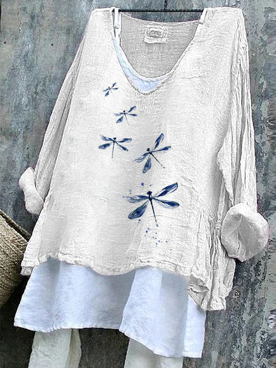 Damen Libelle Langarm Bluse Frühling/Herbst Print V-Ausschnitt Täglich Lässig Oberteile
