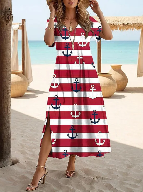 Damen Gestreift Kurzarm Sommer Print Kleid V-Ausschnitt Täglich Lässig Maxikleid X-Linie Kleid