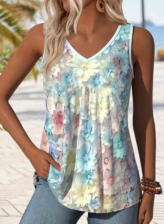 Damen Geblümt Ärmellos T-Shirts T-Shirt V-Ausschnitt Lässig Sommer Oberteile