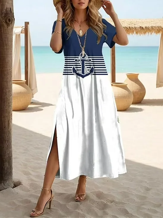 Damen Anker Kurzarm Sommer Print Kleid V-Ausschnitt Täglich Lässig Maxikleid X-Linie Kleid