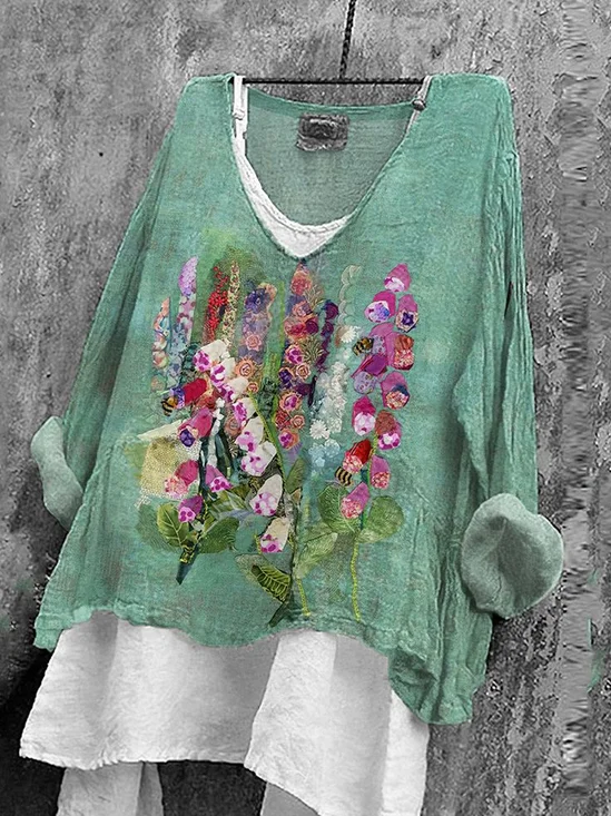 Damen Geblümt Langarm Bluse Frühling/Herbst Print V-Ausschnitt Täglich Lässig Oberteile