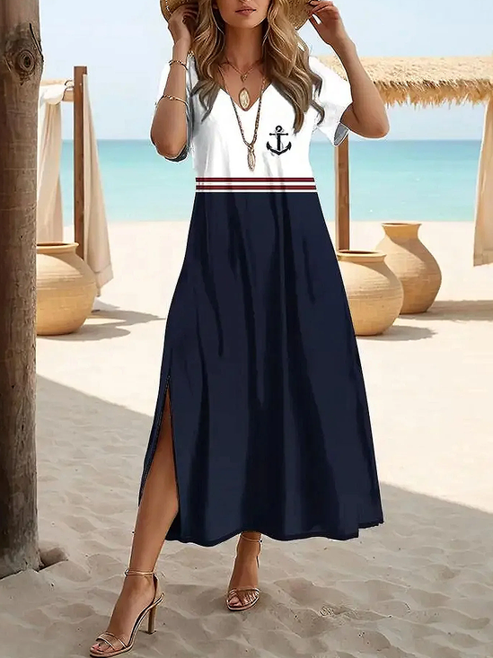 Damen Anker Kurzarm Sommer Print Kleid V-Ausschnitt Täglich Lässig Maxikleid X-Linie Kleid