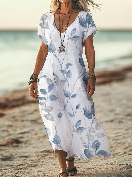 Damen Geblümt Kurzarm Sommer Print Kleid V-Ausschnitt Täglich Lässig Maxikleid X-Linie Kleid