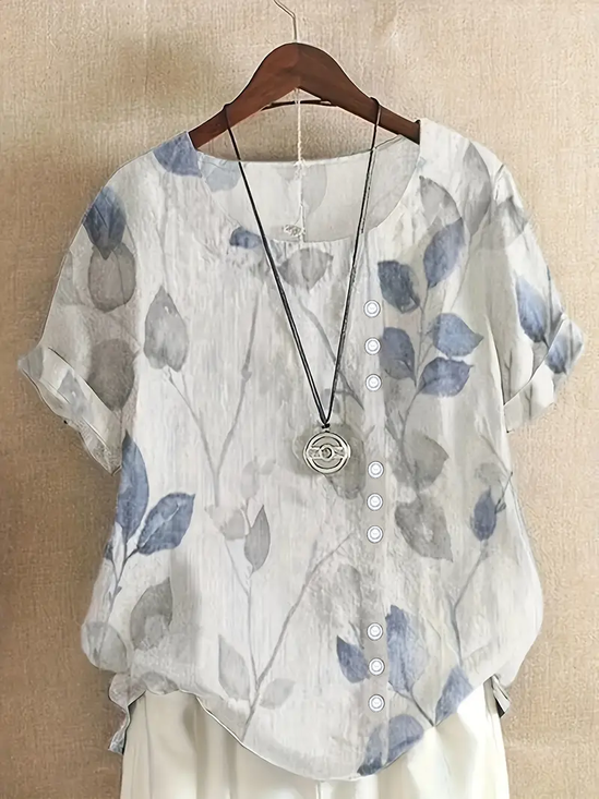 Damen Geblümt Kurzarm Bluse Sommer Print Rundhals Täglich Lässig Oberteile