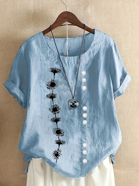 Damen Geblümt Kurzarm Bluse Sommer Print Rundhals Täglich Lässig Oberteile