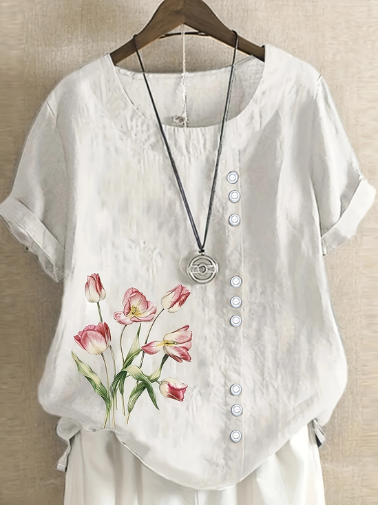 Damen Geblümt Kurzarm Bluse Sommer Print Rundhals Täglich Lässig Oberteile