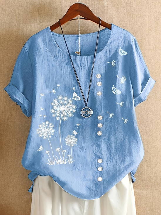 Damen Geblümt Kurzarm Bluse Sommer Print Rundhals Täglich Lässig Oberteile