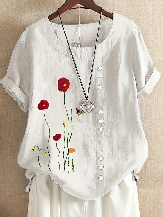 Damen Geblümt Kurzarm Bluse Sommer Print Rundhals Täglich Lässig Oberteile