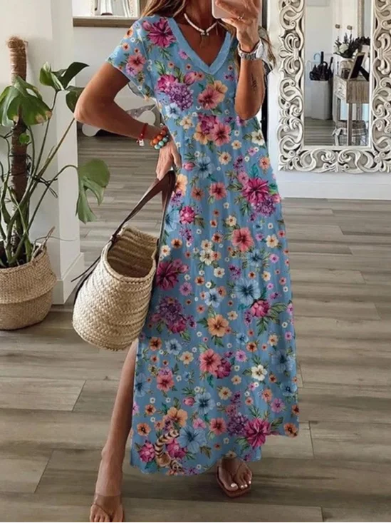 Damen Geblümt Kurzarm Sommer Print Kleid V-Ausschnitt Täglich Lässig Maxikleid T-Shirt-Kleid X-Linie Kleid
