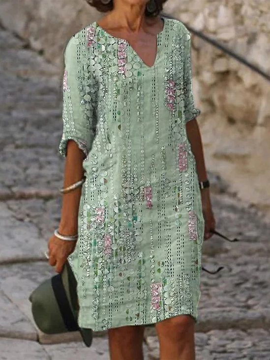 Damen Gestreift Halbarm Sommer Print Kleid V-Ausschnitt Täglich Lässig Mini Etuikleid H-Linie Kleid