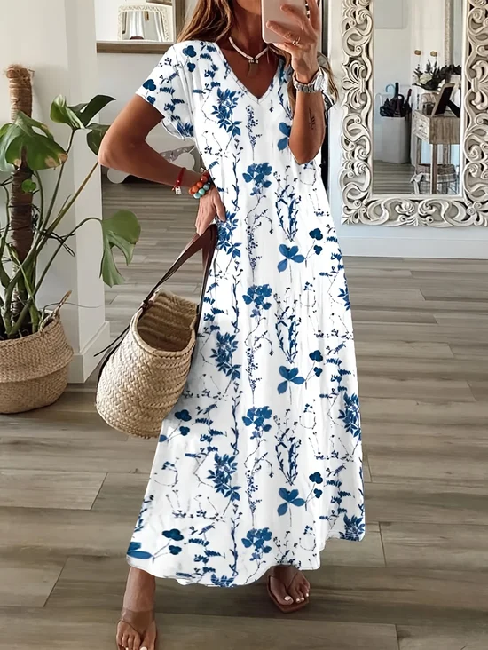 Damen Geblümt Kurzarm Sommer Print Kleid V-Ausschnitt Täglich Lässig Maxikleid T-Shirt-Kleid X-Linie Kleid