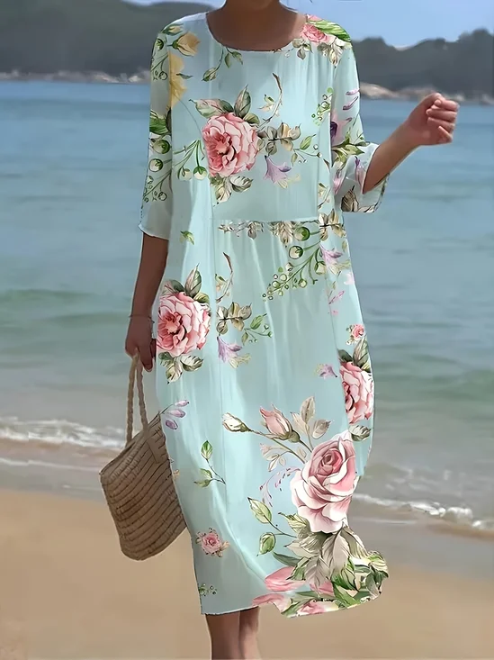 Damen Geblümt Halbarm Sommer Print Kleid Rundhals Täglich Lässig Maxikleid H-Linie Kleid