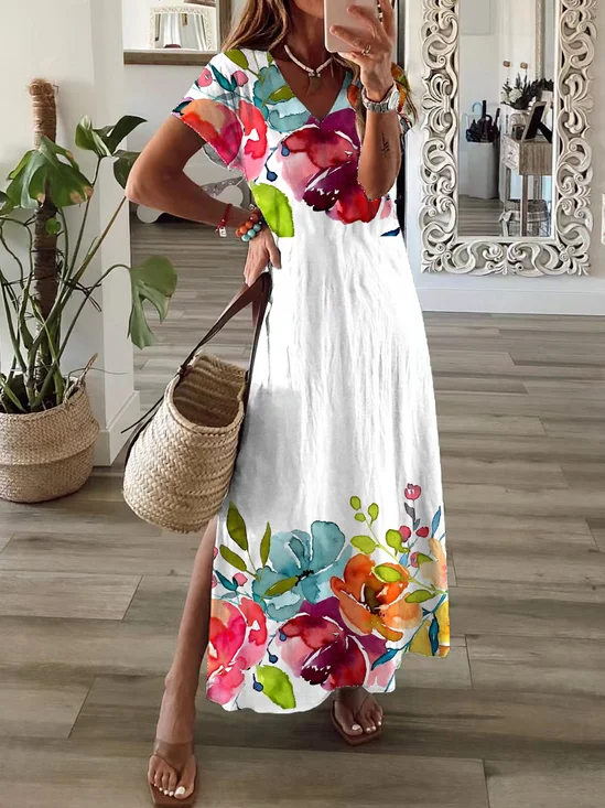 Damen Geblümt Kurzarm Sommer Print Kleid V-Ausschnitt Täglich Lässig Maxikleid T-Shirt-Kleid X-Linie Kleid