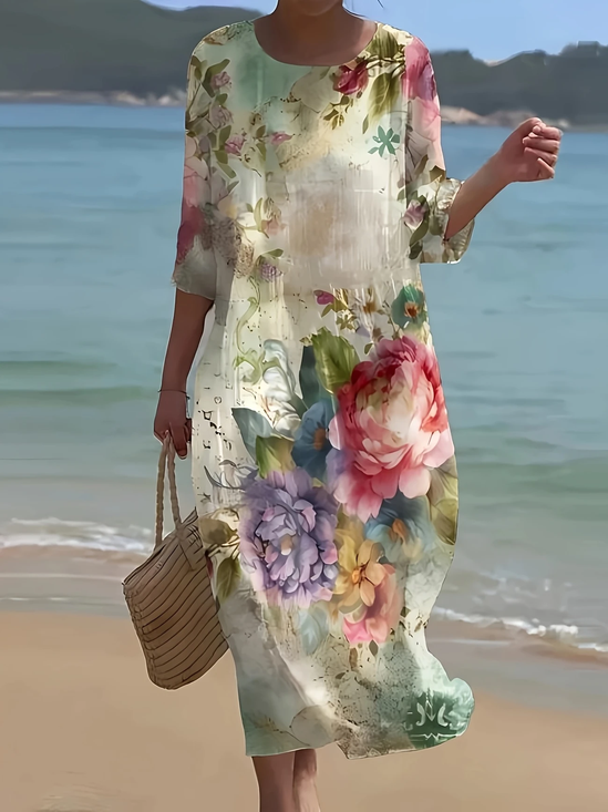 Damen Geblümt Halbarm Sommer Print Kleid Rundhals Täglich Lässig Maxikleid H-Linie Kleid