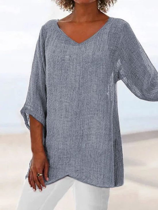 Damen Unifarben Kurzarm Bluse Sommer V-Ausschnitt Urlaub Lässig Oberteile