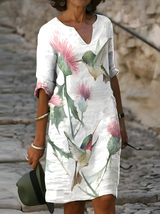 Damen Geblümt Halbarm Sommer Print Kleid V-Ausschnitt Täglich Lässig Mini Etuikleid H-Linie Kleid