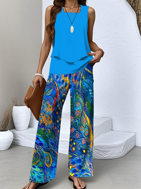 Damen Psychedelisch Kunst Zweiteiliges Set Täglich Ärmellos Lässig Sommer Bluse mit Hose Matching Set