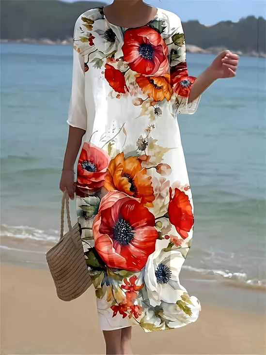 Damen Geblümt Halbarm Sommer Print Kleid Rundhals Täglich Lässig Maxikleid H-Linie Kleid
