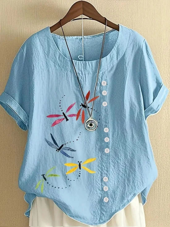 Damen Libelle Halbarm Bluse Sommer Rundhals Täglich Lässig Oberteile