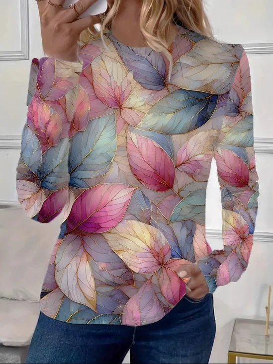 Damen Geblümt Langarm T-Shirts T-Shirt Rundhals Print Lässig Frühling/Herbst T-Shirt mit Grafik Oberteile
