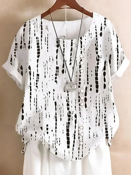 Damen Geometrisch Halbarm Bluse Sommer Rundhals Täglich Lässig Oberteile