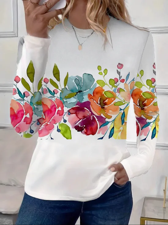 Damen Geblümt Langarm T-Shirts T-Shirt Rundhals Print Lässig Frühling/Herbst T-Shirt mit Grafik Oberteile