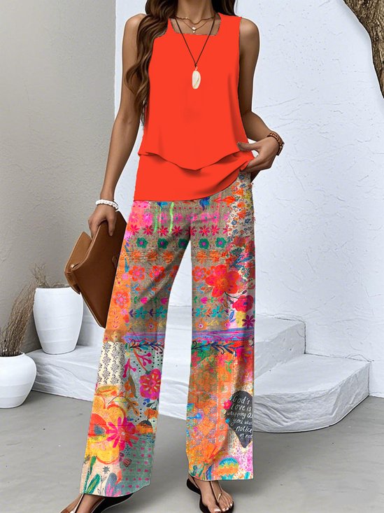 Damen Geblümt Zweiteiliges Set Täglich Ärmellos Lässig Sommer Bluse mit Hose Matching Set