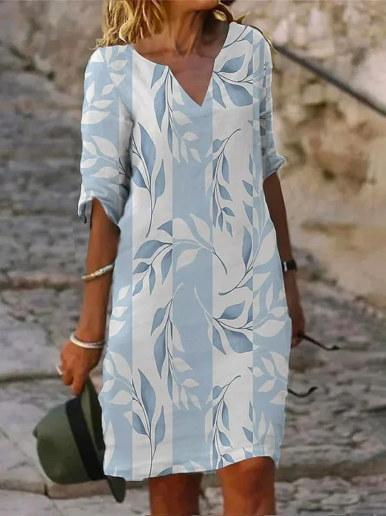 Damen Gestreift Halbarm Sommer Print Kleid V-Ausschnitt Täglich Lässig Mini Etuikleid H-Linie Kleid