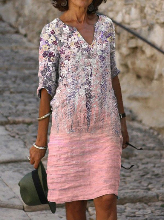 Damen Geblümt Halbarm Sommer Print Kleid V-Ausschnitt Täglich Lässig Mini Etuikleid H-Linie Kleid