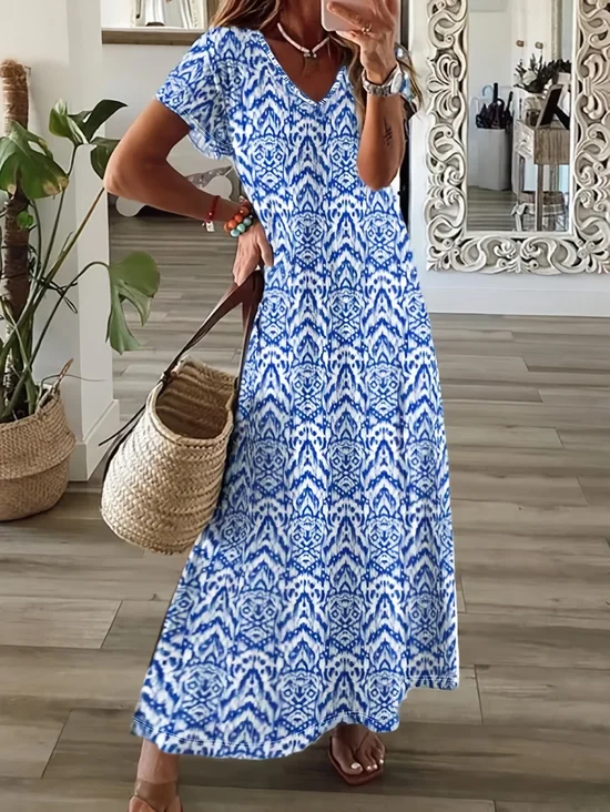 Damen Geometrisch Kurzarm Sommer Print Kleid V-Ausschnitt Täglich Lässig Maxikleid T-Shirt-Kleid X-Linie Kleid