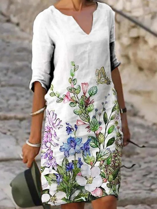Damen Geblümt Halbarm Sommer Print Kleid V-Ausschnitt Täglich Lässig Mini Etuikleid H-Linie Kleid