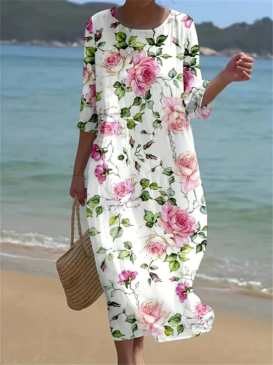 Damen Geblümt Halbarm Sommer Print Kleid Rundhals Täglich Lässig Maxikleid H-Linie Kleid