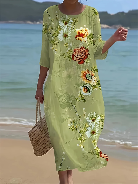 Damen Geblümt Halbarm Sommer Print Kleid Rundhals Täglich Lässig Maxikleid H-Linie Kleid