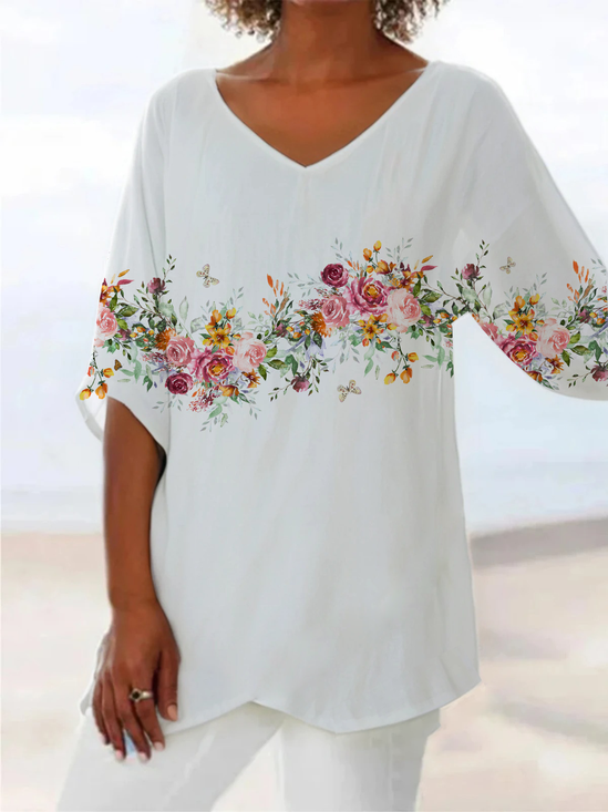 Damen Geblümt Kurzarm Bluse Sommer Print V-Ausschnitt Täglich Lässig Oberteile
