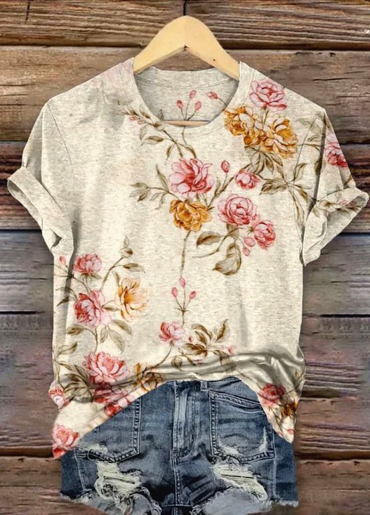 Damen Geblümt Kurzarm T-Shirts T-Shirt Rundhals Lässig Sommer Oberteile