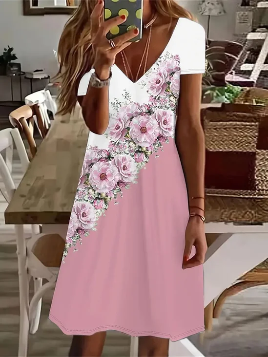 Damen Geblümt Kurzarm Sommer Print Kleid V-Ausschnitt Täglich Lässig Knielänge T-Shirt-Kleid H-Linie Kleid