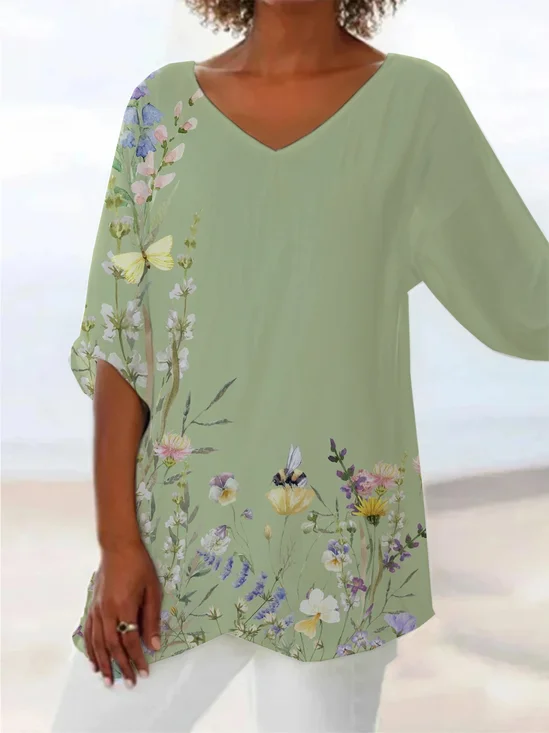 Damen Geblümt Kurzarm Bluse Sommer Print V-Ausschnitt Täglich Lässig Oberteile