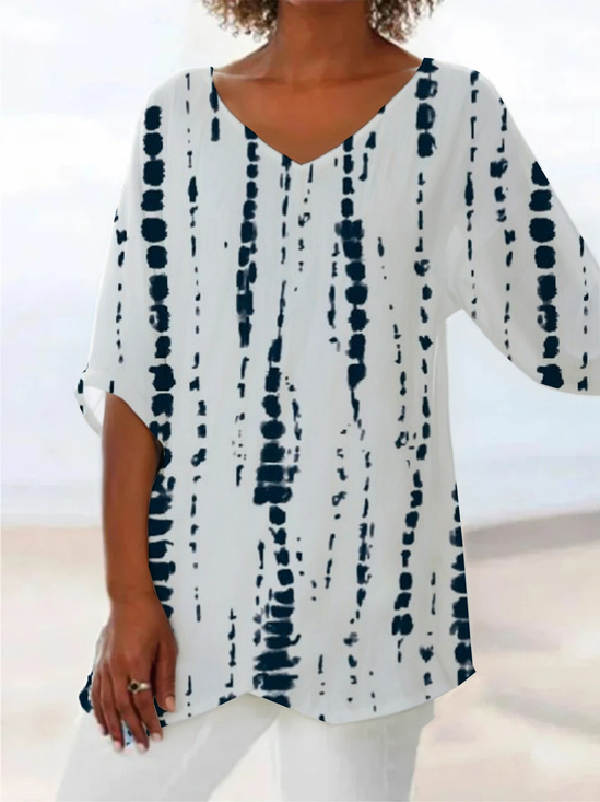 Damen Gestreift Kurzarm Bluse Sommer Print V-Ausschnitt Täglich Lässig Oberteile