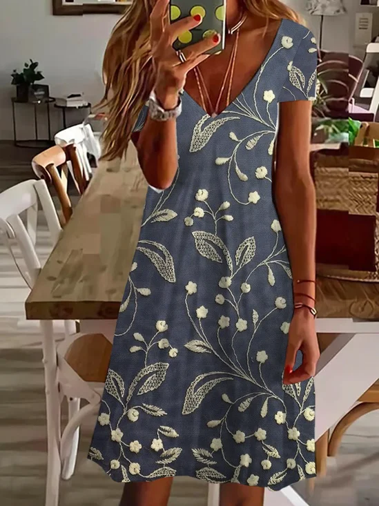 Damen Geblümt Kurzarm Sommer Print Kleid V-Ausschnitt Täglich Lässig Midi Passen & Flare Kleid A-Linien-Kleid