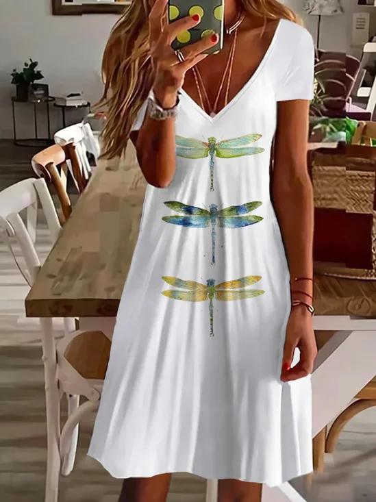Damen Libelle Kurzarm Sommer Print Kleid V-Ausschnitt Täglich Lässig Midi Passen & Flare Kleid A-Linien-Kleid