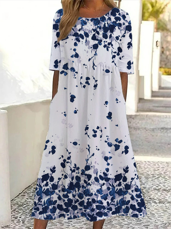 Damen Geblümt Kurzarm Sommer Print Kleid Rundhals Täglich Lässig Maxikleid Etuikleid H-Linie Kleid