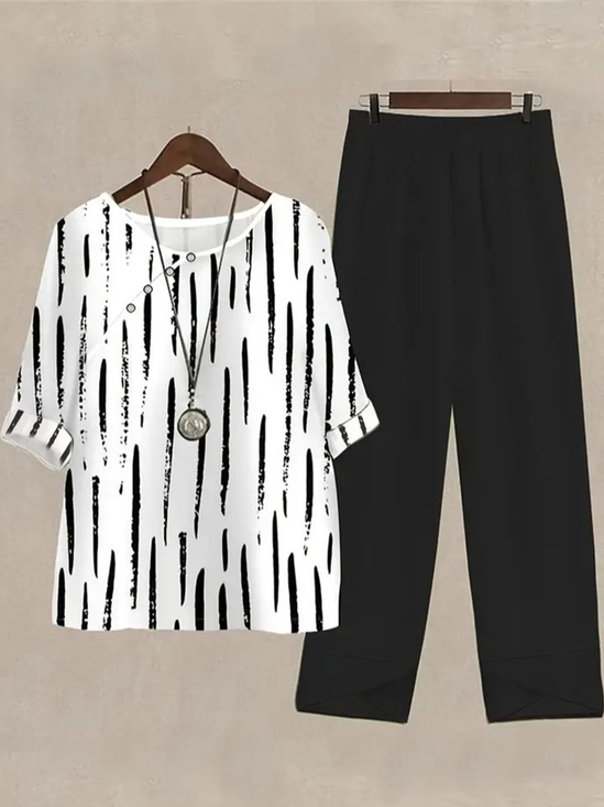 Damen Gestreift Print Zweiteiliges Set Täglich Halbarm Lässig Sommer Bluse mit Hose Matching Set