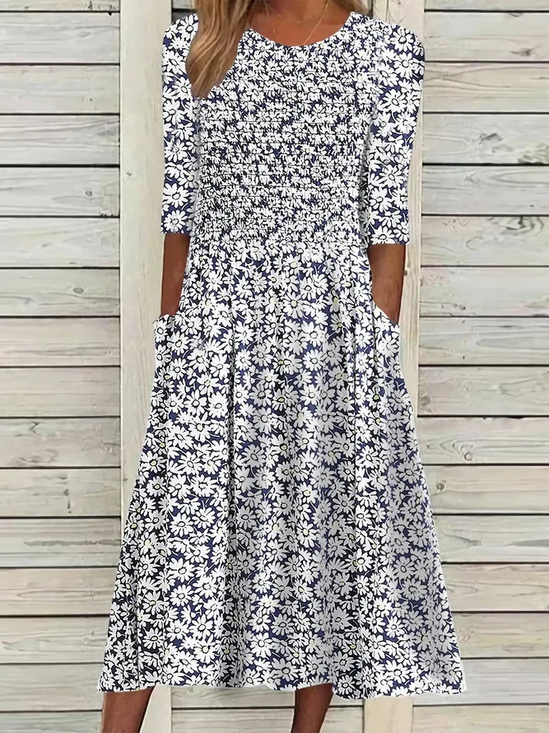 Damen Geblümt Kurzarm Sommer Print Kleid Rundhals Täglich Lässig Maxikleid Etuikleid H-Linie Kleid